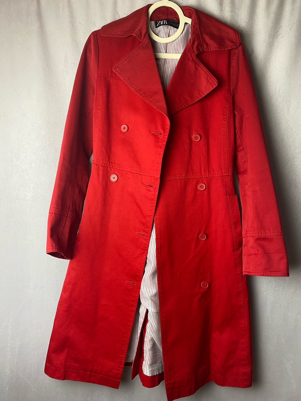 Zara Vibrant Red Double-Breasted classic preppy tailored Trench Coat L